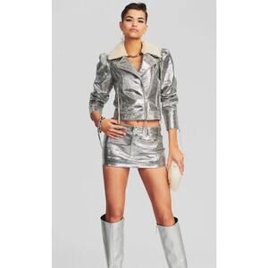 Retrofete Nico Mini Leather Skirt in Silver Size Large NWT